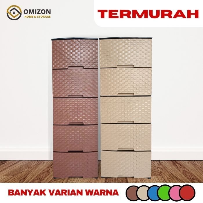 Laci Plastik Rotan Susun 5|Laci Pakaian Rotan Serbaguna Murah - Cream