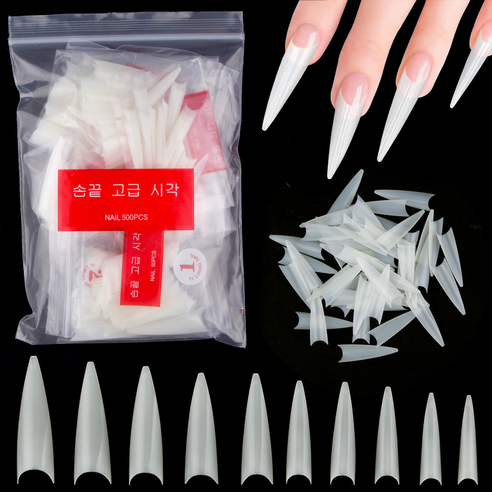 1Bag(600Pcs)Natural Stiletto Practice Nail Tips 10Size Half Cover Fake Acrylic Tip UV Gel Extension 