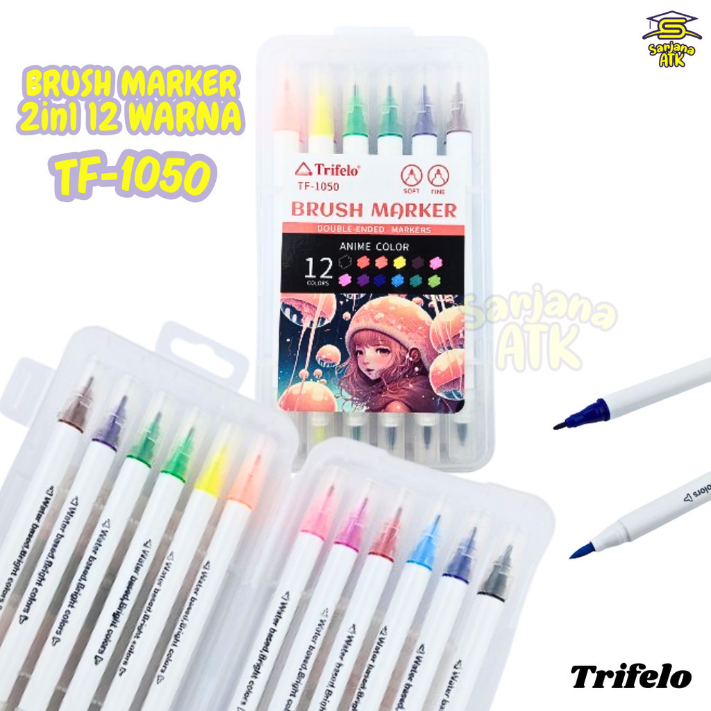 

(12pcs) BRUSH MARKER DOUBLE ENDED / Brush Spidol 12 Warna 2in1/ Brush Marker TRIFELO TF-1050