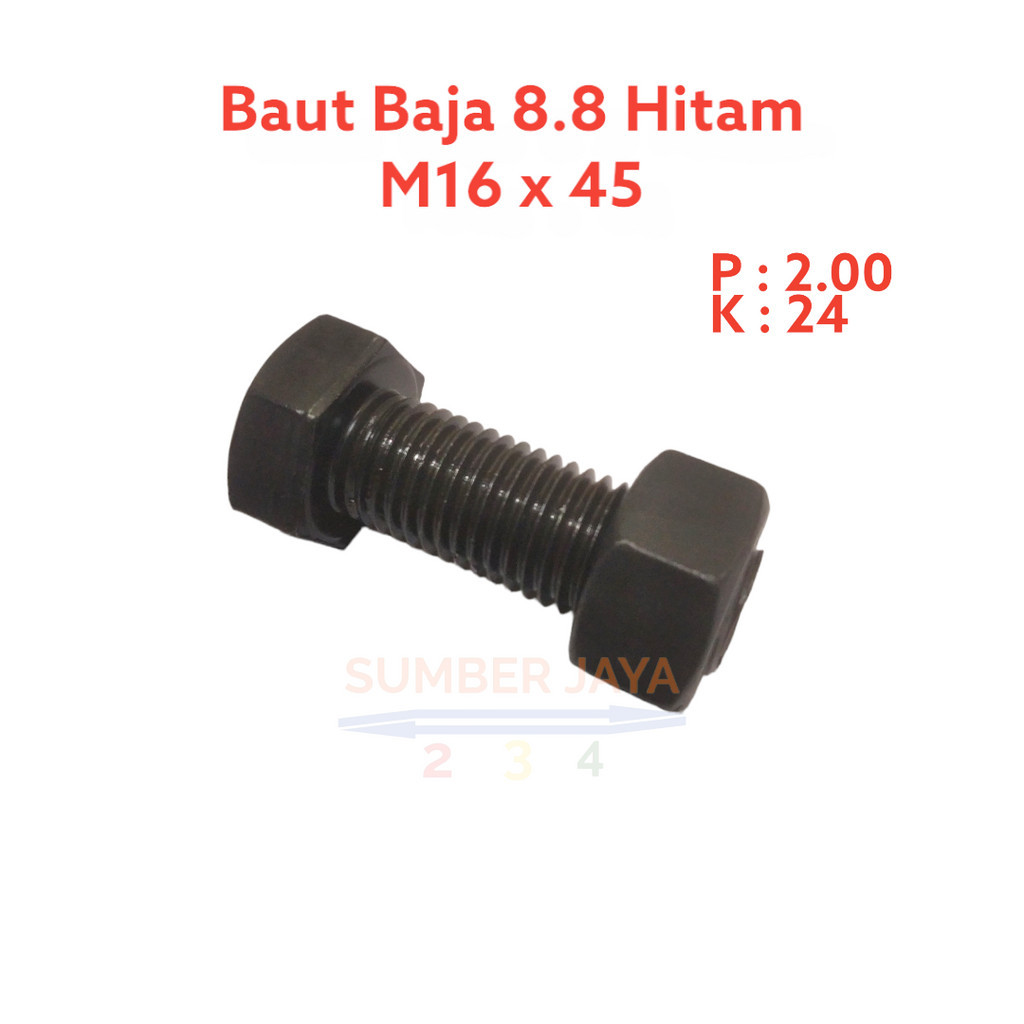M16X45 Baut Baja 8.8 Hitam / Baut Mur Baja 16 x 45 mm Full Drat