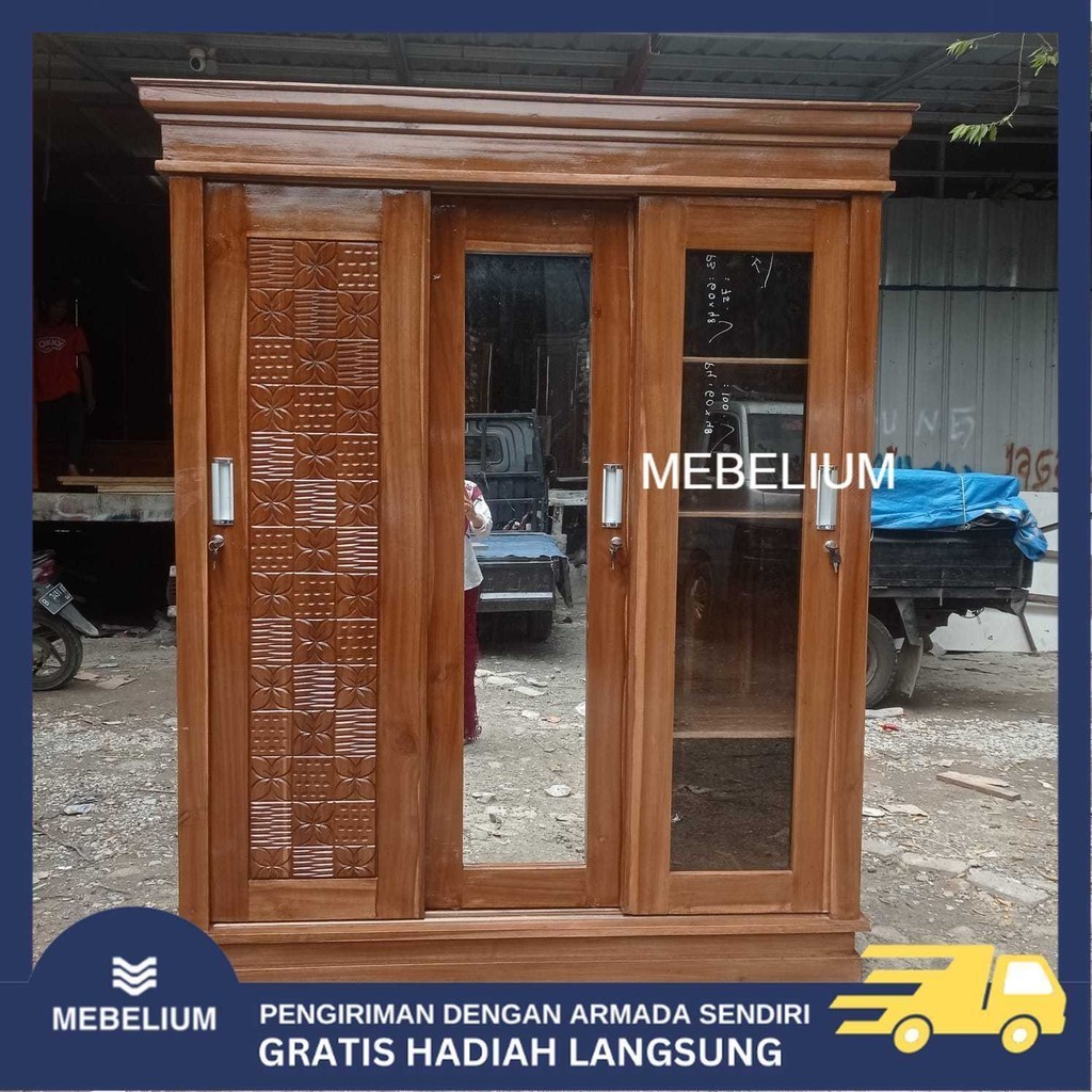 [Jabodetabek] Lemari Pakaian / Baju Rak Tas 3 Pintu Sliding Bahan Full Kayu Jati Anti Rayap Mebelium