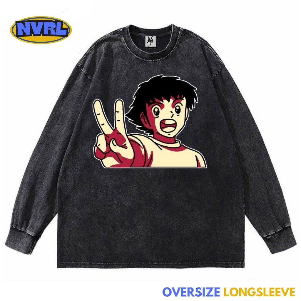 Kaos oversize longsleeve captain tsubasa ozora retro washed washing vintage tee