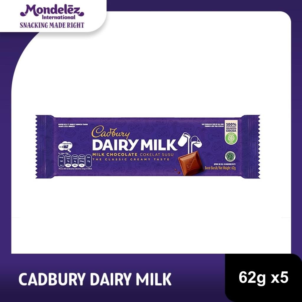 

Cadbury Dairy Milk Chocolate Original Regular 62g, coklat dengan susu untuk Camilan x5