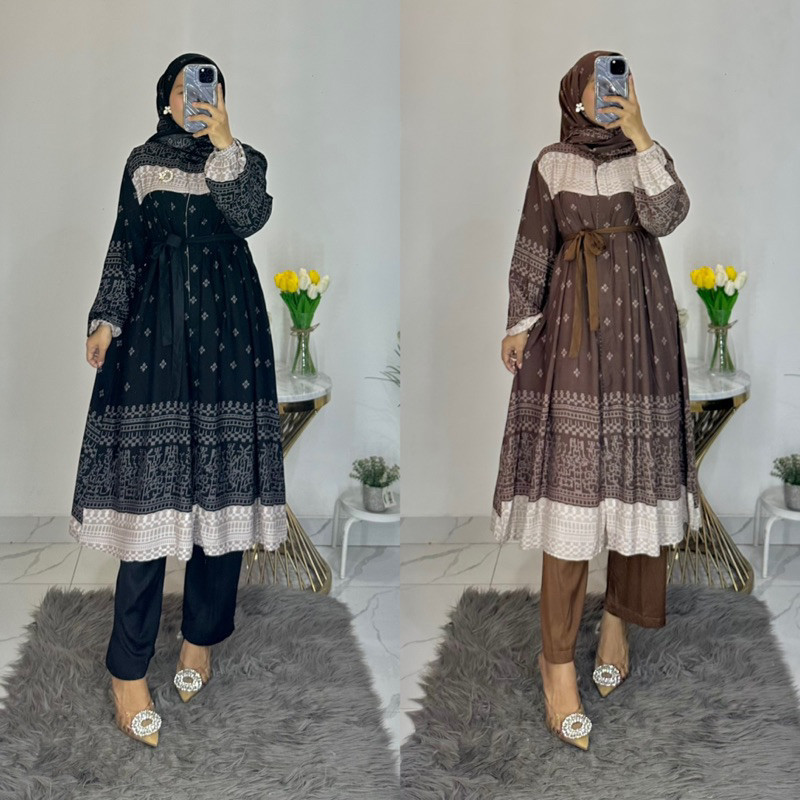 Setelan pakaian wanita atasan baju tunik set celana kulot polkadot batik modern kondangan pesta jumb