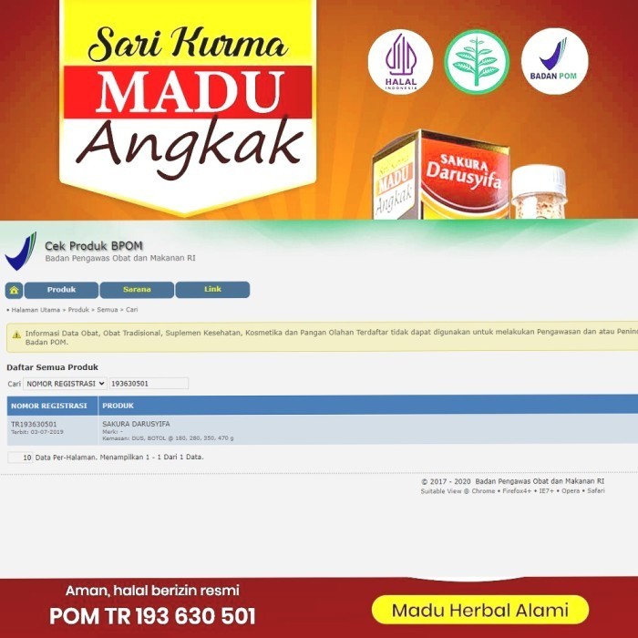 

Sari Kurma Madu Angkak SAKURA Darusyifa 470 ml Original