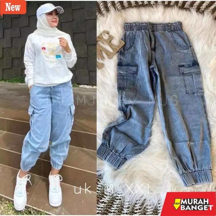 Celana panjang denim wanita- (JUMBO BB 40-100KG)CELANA JOGER JEANS CARGO WANITA MURAH TEBAL BISA COD