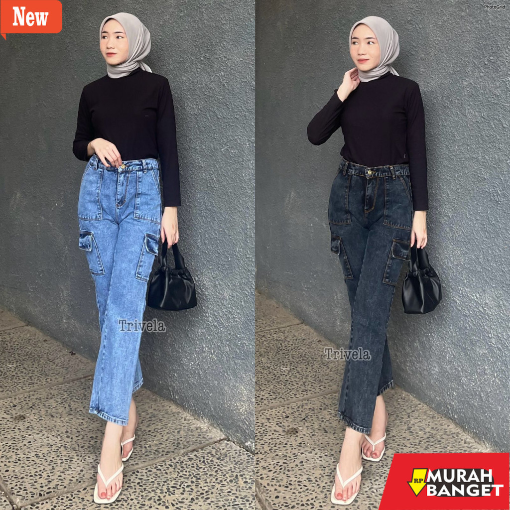Celana panjang denim wanita- TRIVELA - Celana Jeans Kulot Cargo Kantong Tempel Wanita - Cargo Alice 