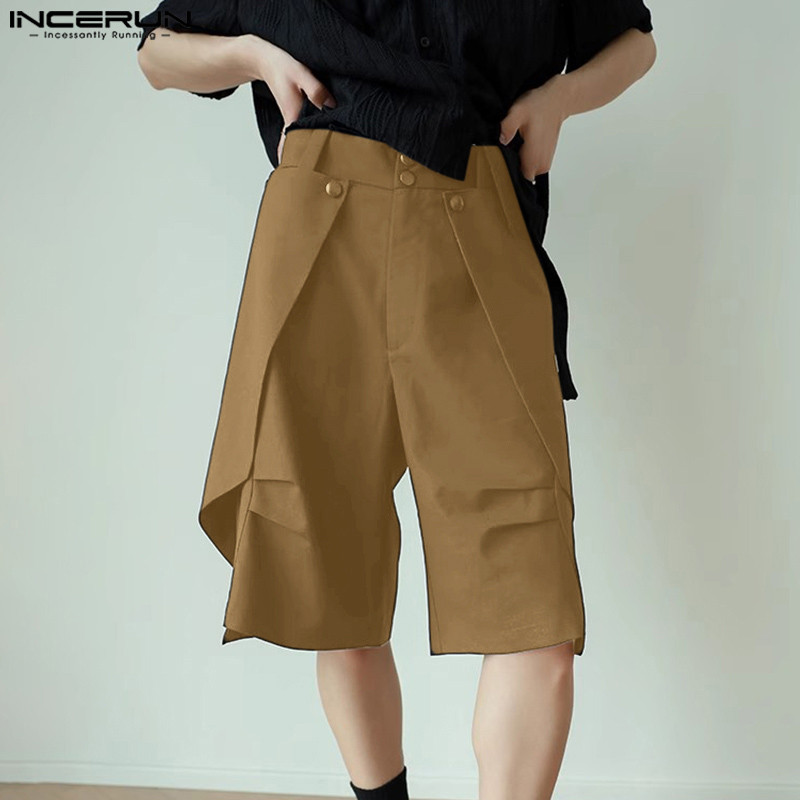 INCERUN Men Irregular Shorts Solid Color Button Loose Joggers Summer Casual Men Bottoms Streetwear 2