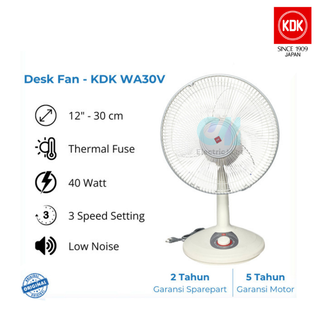 Kipas Meja KDK WA30V Desk Fan 12 inch Kipas Angin Berdiri Pendek