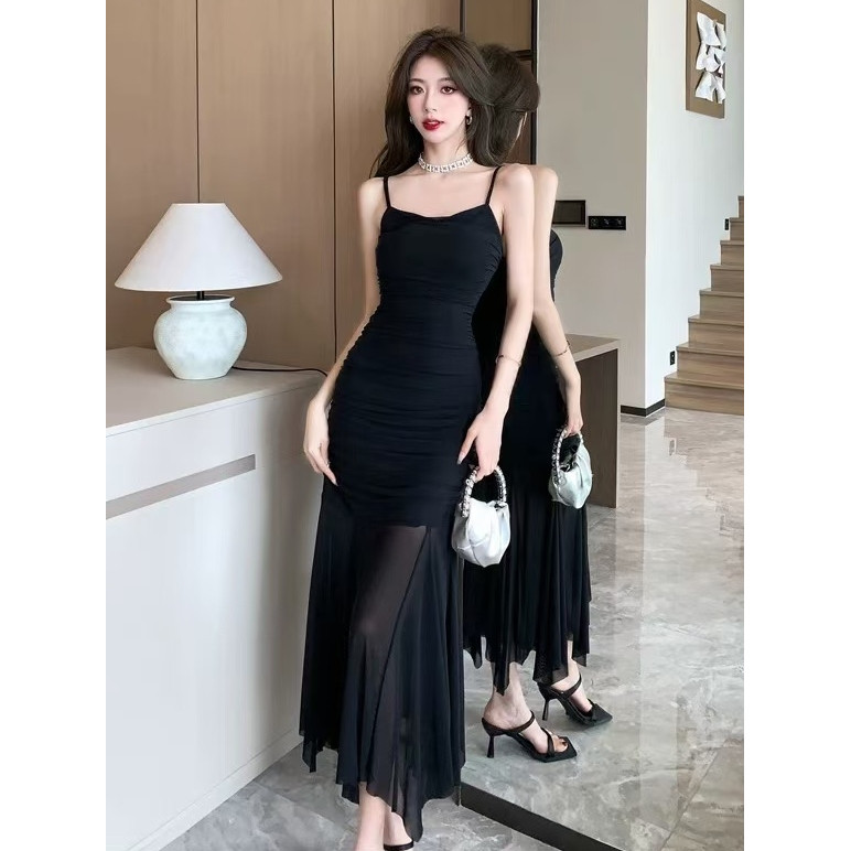 black dress hitam polos mewah elegan party dress panjang korean style press body midi dress kondanga