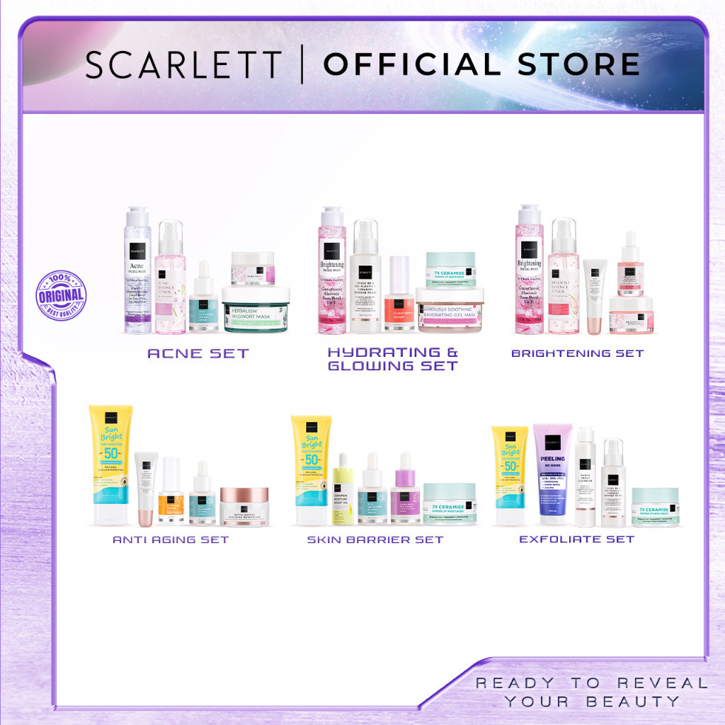 Scarlett Whitening Paket 5pcs (acne, hydrating, brightening, anti aging, skin barrier, exfoliate)