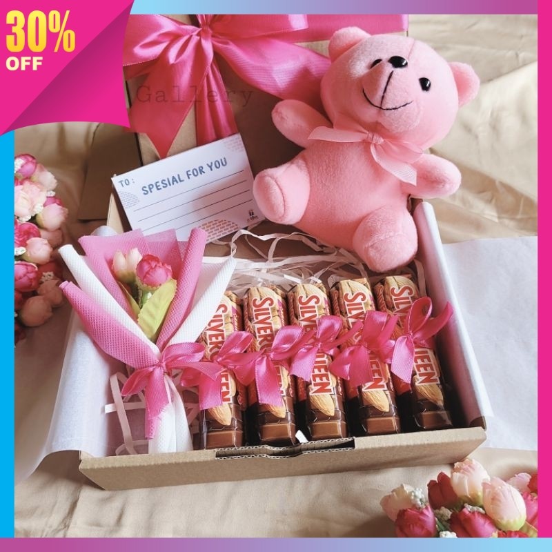 

kado buat pacar gebetan bestie Unik Kreatif Lucu / Hampers Coklat / Hampers Boneka / Kado Valentine / Kado Ulang Tahun / Gift Box / Coklat Silverqueen Chunky