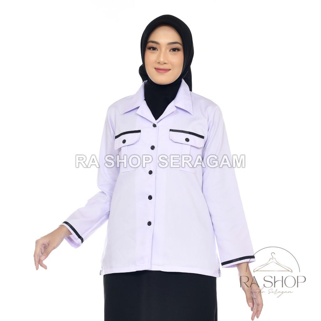Kemeja PDH Putih Tebal Wanita PNS - List Hitam Elegan- PDH Putih Wanita - Baju Kantor Seragam Wanita