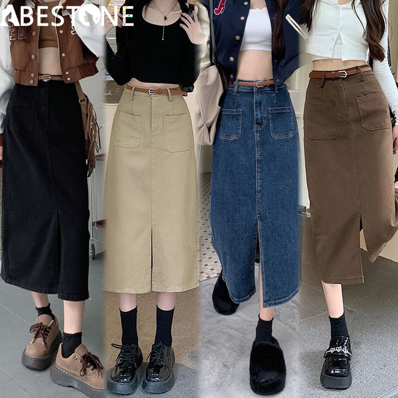 rok panjang cowgirl Rok midi denim A-line dengan belahan ala Korea Rok panjang denim pinggang tinggi
