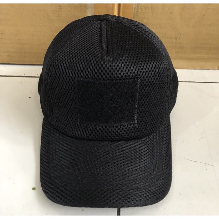Topi Jaring Hitam Velcro - Topi Lapangan Warna Hitam TNI POLRI - Topi Hitam Brimob - Perbakin - Army