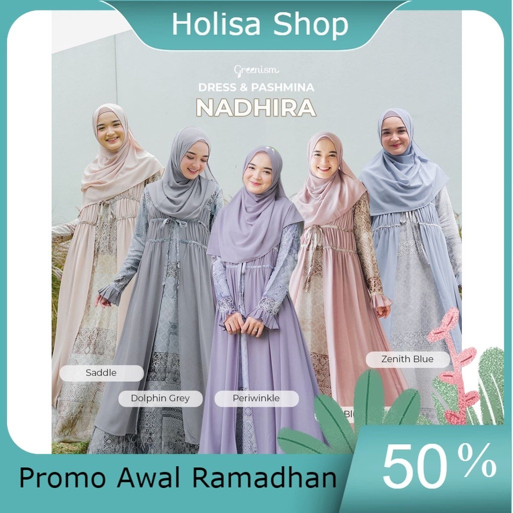 Promo Awal Ramadhan Gamis Wanita NADHIRA Dress  + Outer By GREENISM Gamis Pesta Kondangan Mewah Angg