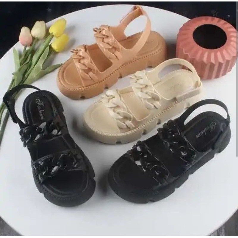 JEMIMA- Sandal Gladiator Jelly Wanita Import Tali Rantai Dua/Sandal Wedges Wanita