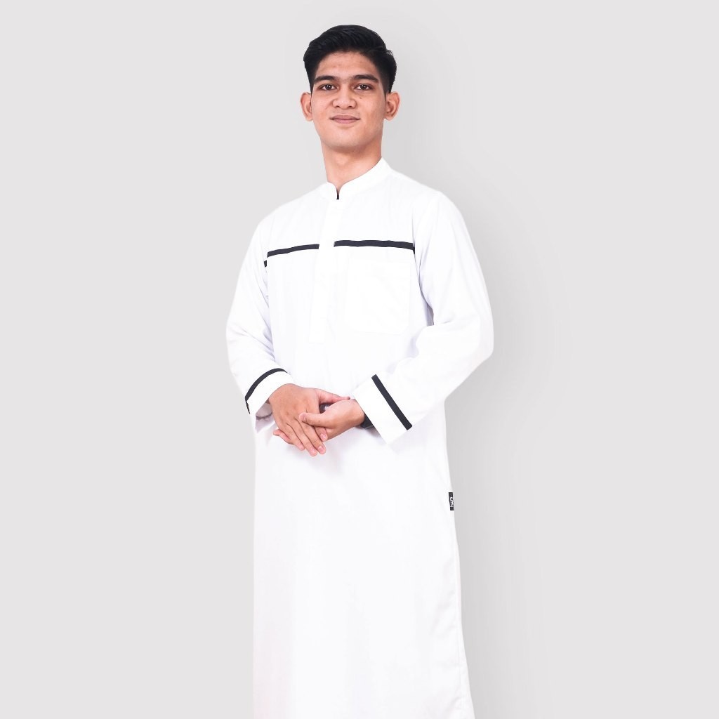 Satis White Jubah mewah gamis bordir pria muslim hitam putih alfaan saudi Keluarga King Salman Adem 