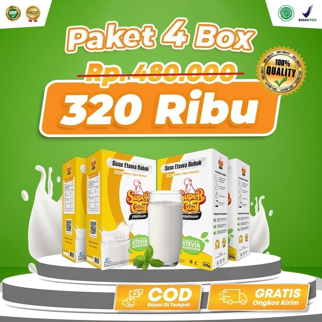 

SUPERGOAT PLATINUM Stevia Asli Susu Bubuk Kambing Etawa Atasi Diabetes Melitus Tingkatkan Daya Tahan Tubuh BPOM isi 1 Box @200gr Pembentukan Insulin Diabetasol Bio Insuleaf Mganik Fitabets Suplemen Serat Herbal Gula Darah Tinggi Asam Urat Kolestrol