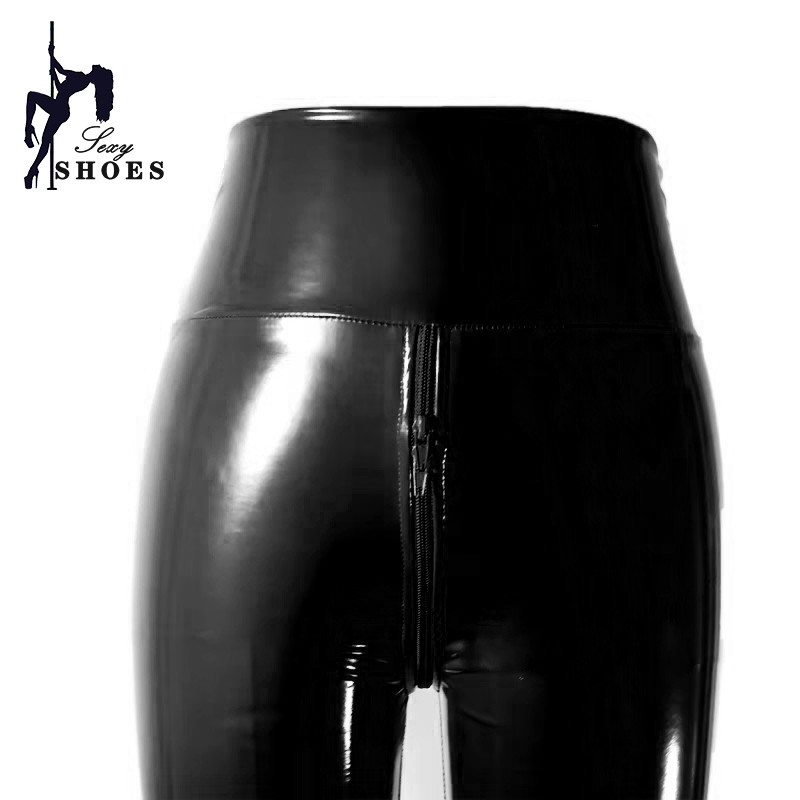 2024 Black Bright PU Leather Personalized Double Zipper Open Crotch Pants High Waisted Leggings Nigh