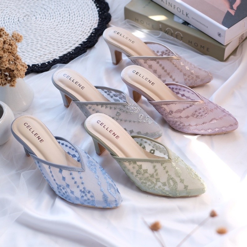 𝗖𝗘𝗟𝗟𝗘𝗡𝗘 JiA Lace Heels (9 warna) / wedding shoes 7cm selop brukat