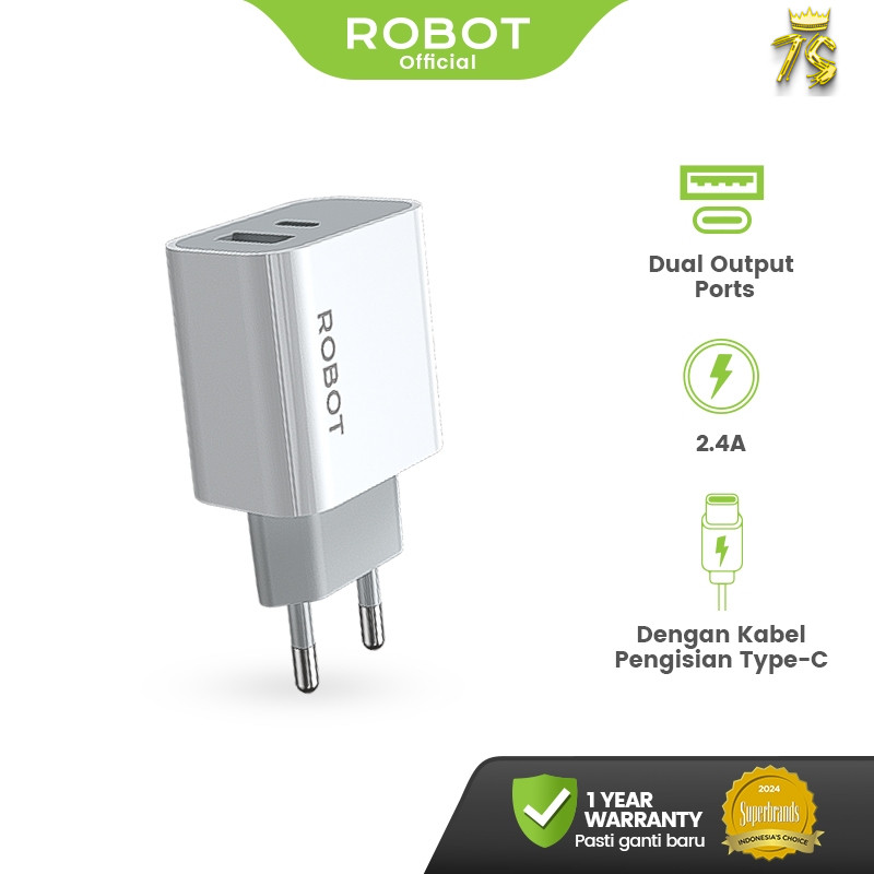 ROBOT Charger Fast Charging Dual Port 12W with Type C Cable 2.4A Adaptor Kepala Charger Adaptor Kepa