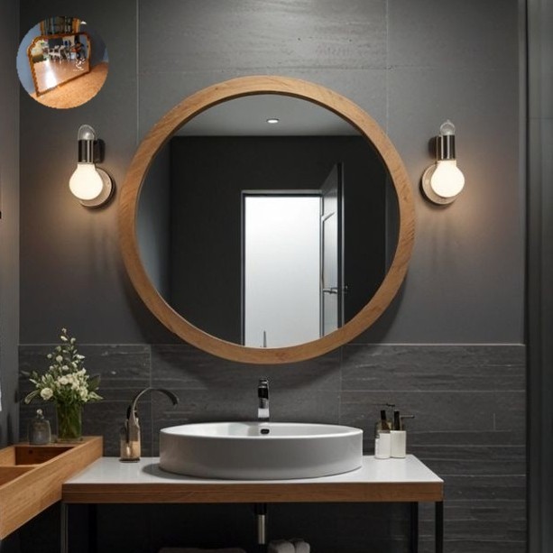 CERMIN WASTAFEL BULAT KAYU JATI 80 CM / CERMIN KAMAR MANDI KAYU JATI