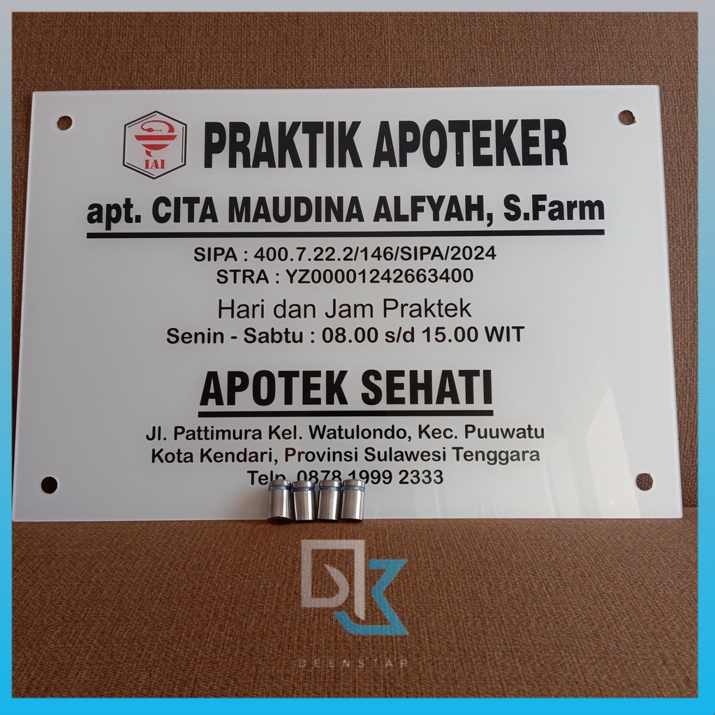 Custom akrilik papan praktek apoteker, Custom akrilik izin praktek apoteker, Akrilik custom