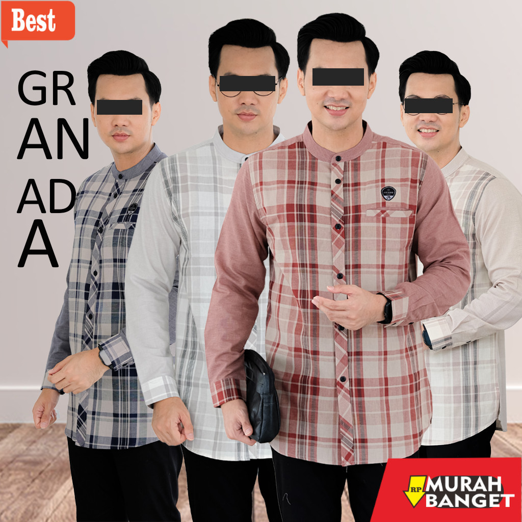 Baju muslim lengan panjang- Baju Koko Pria Dewasa Lengan Panjang Motif Kotak Granada By Ilnaaf