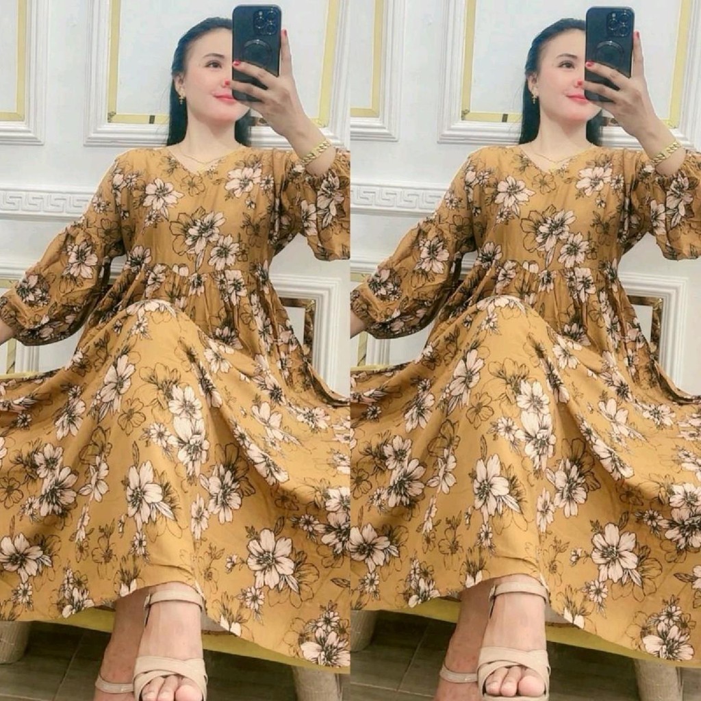 Dress Wanita InaraBurba Lengan Balon Katun Rayon Tali Belakang Gln