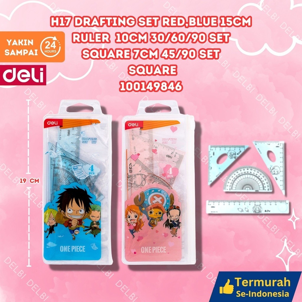 

DELI - Penggaris Set Sekolah 4in1 Edisi One Piece H17 H17 Drafting Set RED,BLUE 15cm Ruler 10cm 30/60/90 set square 7cm 45/90 set square