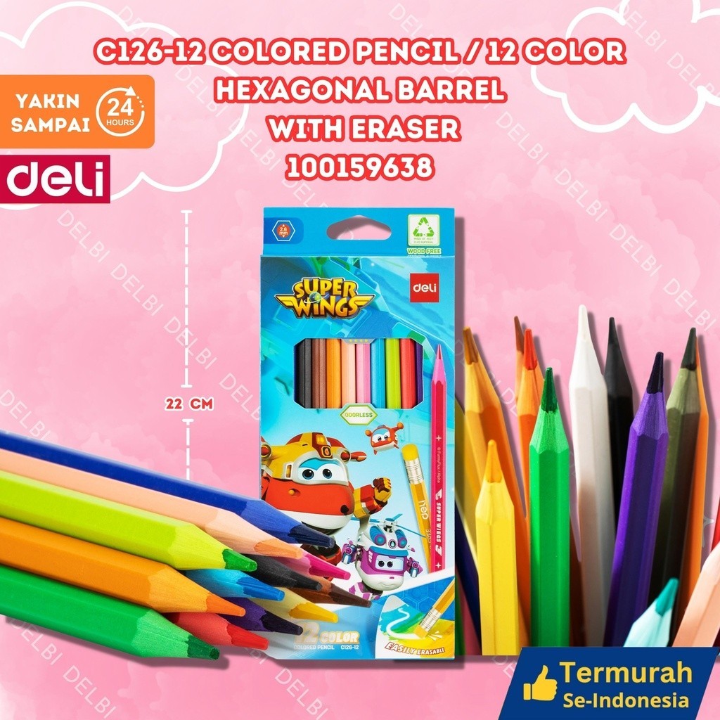 

DELI PENSIL WARNA PANJANG 24 WARNA PENGHAPUS SUPER WINGS C126-12 C126-12 Colored Pencil / 12 color Hexagonal Barrel With eraser