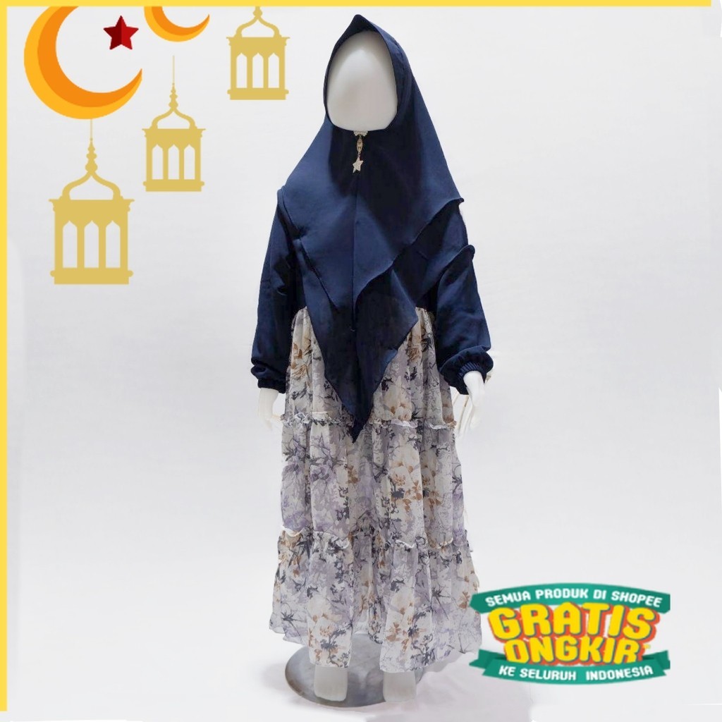 Gamis Anak Perempuan Kain Ceruty Babydoll Model Umpak dengan Kombinasi Motif V2/Maron merah bata red