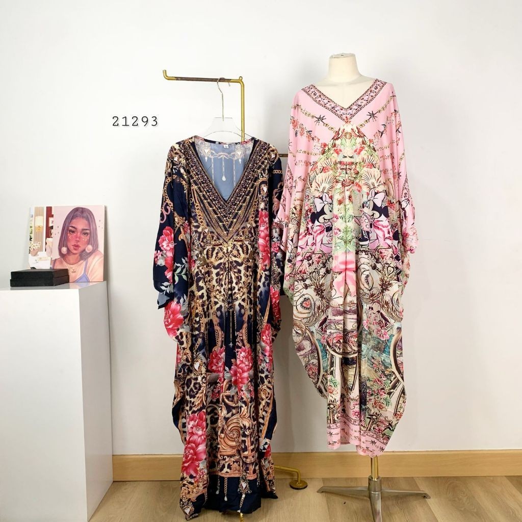LONG MAXI SLIKY  FULL MOTIF PRINTING VARIASI MOTIF  KAFTAN V NECK PREMIUM WANITA TERUSAN KAFTAN SLIK