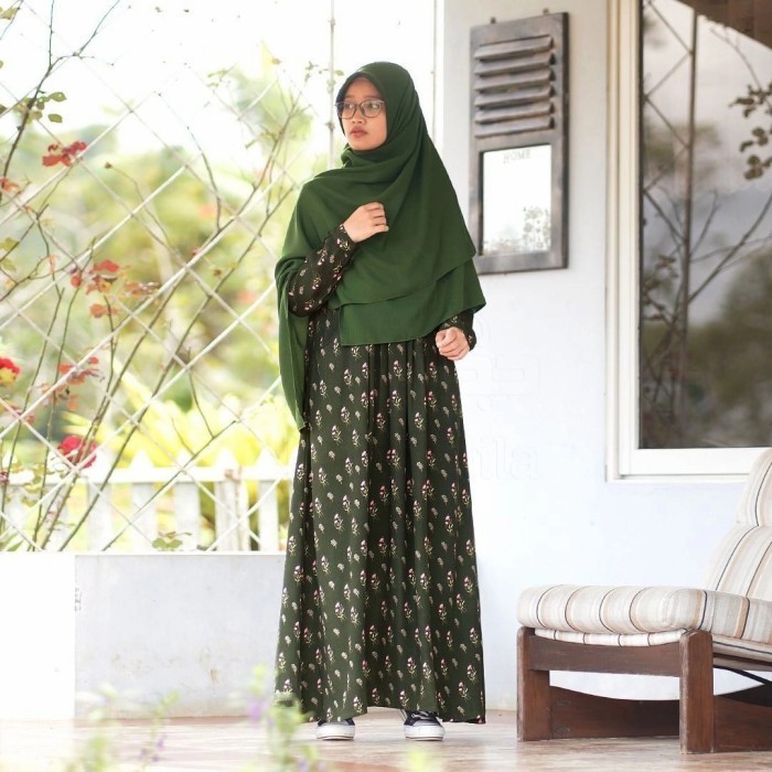 PROMO Hari Raya Idul Fitri- Gamis Zahwa Ayumi Motif Busui Wudhui Friendly Hijab Alila - Dark Forest,