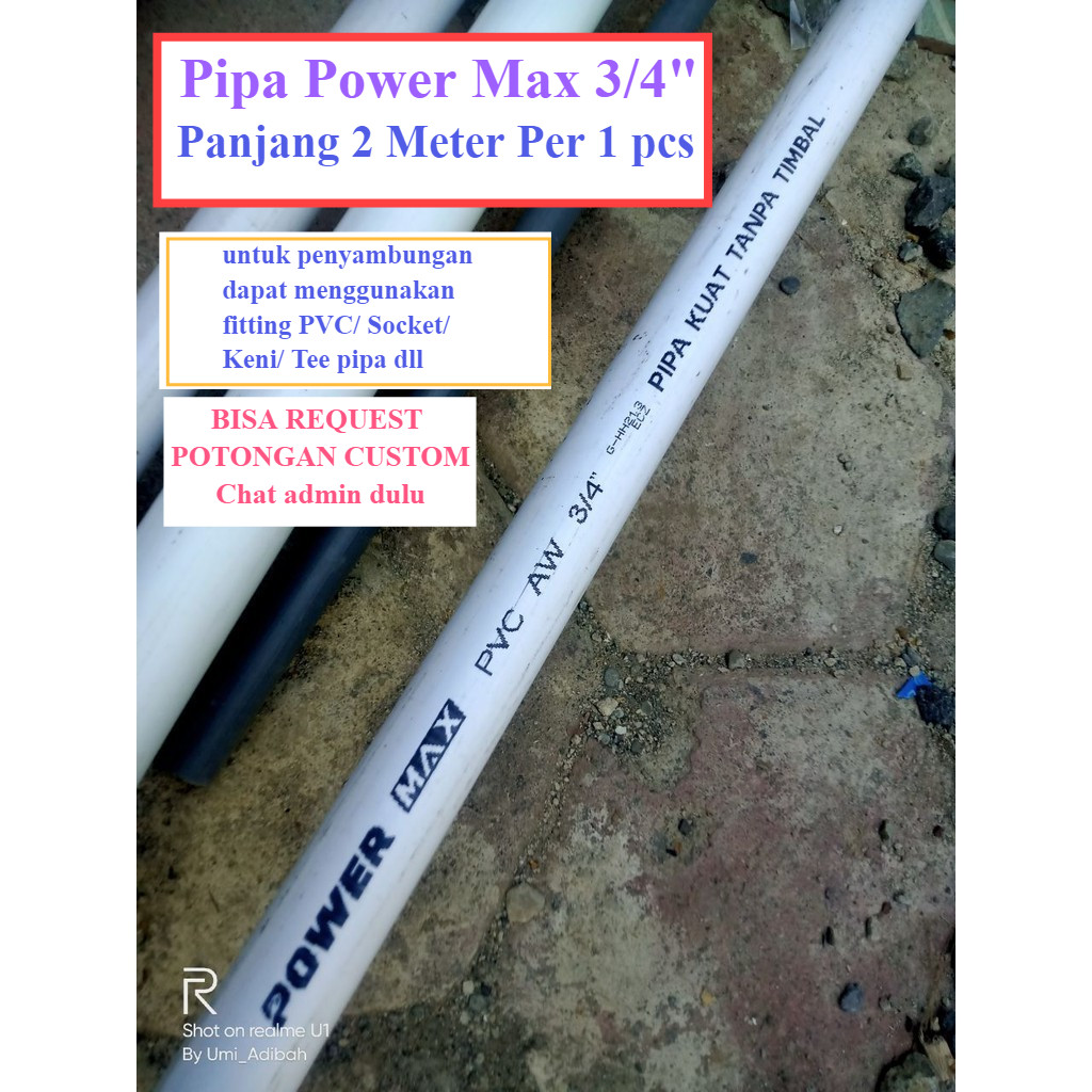 Pipa PVC Power Max 3/4" Inch AW Panjang per 2 Meter Pipa Paralon murah - Pipa Kuat Tanpa Timbal