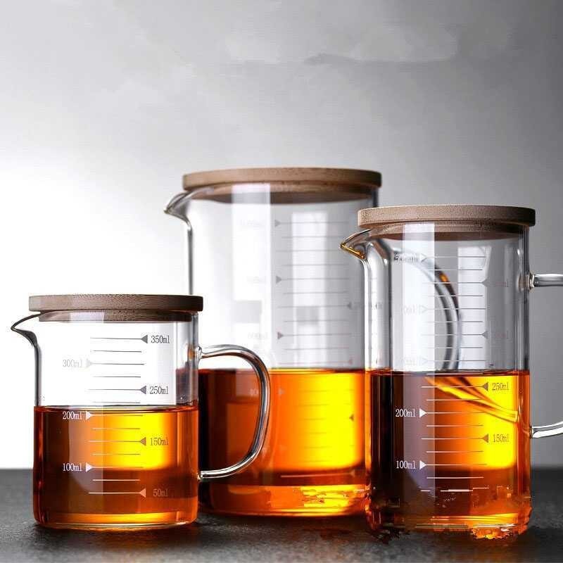 Gelas Takar Kaca Borosilikat Tutup Kayu Gelas Ukur Measuring Cup 350ml 500ml 1000ml Serbaguna
