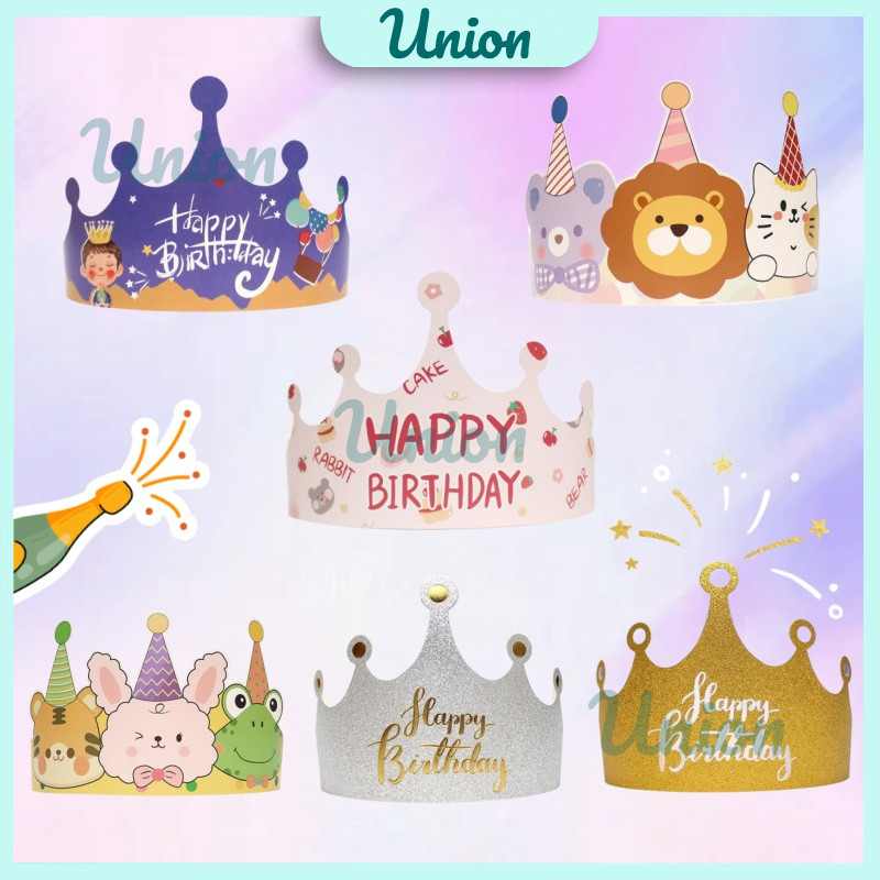 UM Topi Ulang Tahun Mahkota Hbd Motif / Topi Ulang Tahun Mahkota Lipat / Anak-Anak Karton Emas Dewas