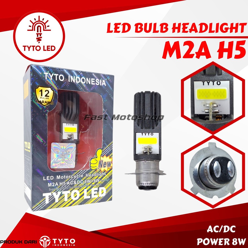 TYTO LED M2A SOKET H5 LAMPU BOHLAM DEPAN MOTOR AC/DC DUAL BEAM 8WATT WATERPROOF