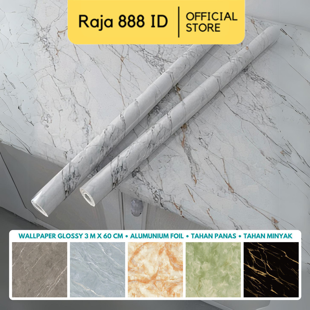 RAJA888 [35 Motif] Wallpaper Glossy Marmer Marble Polychrome Marmer Dapur Meja Furnitur 3 m x 60 cm 