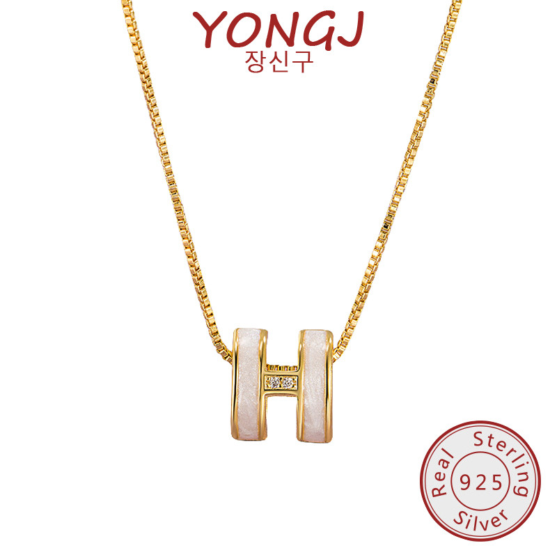 YONGJ Kalung Cangkang Emas Huruf H Berlapis Emas Berlian Berkilau 18K Untuk Wanita