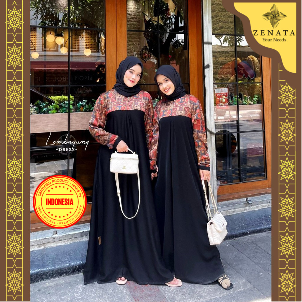 Dress Muslim Baju Gamis Lebaran Hitam Bermotif Lembayung by Mouza
