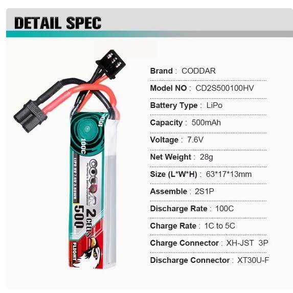 CODDAR 2S 500MAH 7.6V 100C LIPO BATTERY XT30
