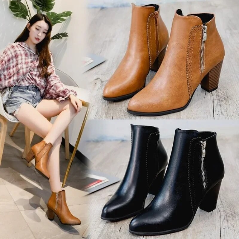 Ankle Boots Women's Fashion Coarse Heel Short Boots 43 Large Women's Shoe Size Side Zipper High Heel