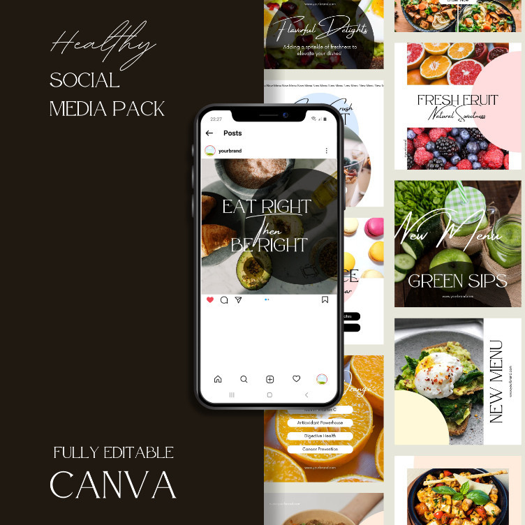 Desain 50 Template Canva Instagram Feed/Post Healthy Food | Premium Design for Restaurant | Fully Ed