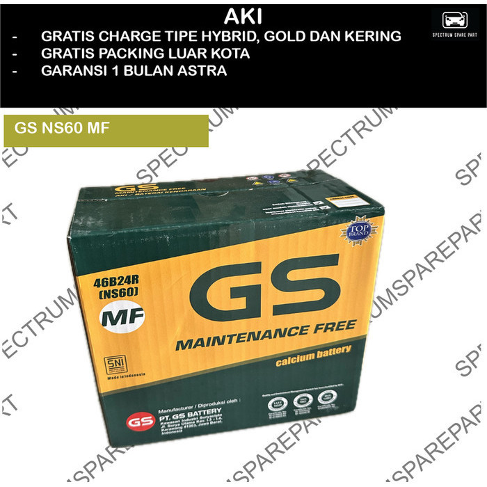 AKI MOBIL GS NS60 MF (46B24R) KERING ORIGINAL ASTRA 12V 45AH NEPLE KECIL AVANZA - VELOZ - RUSH - STA