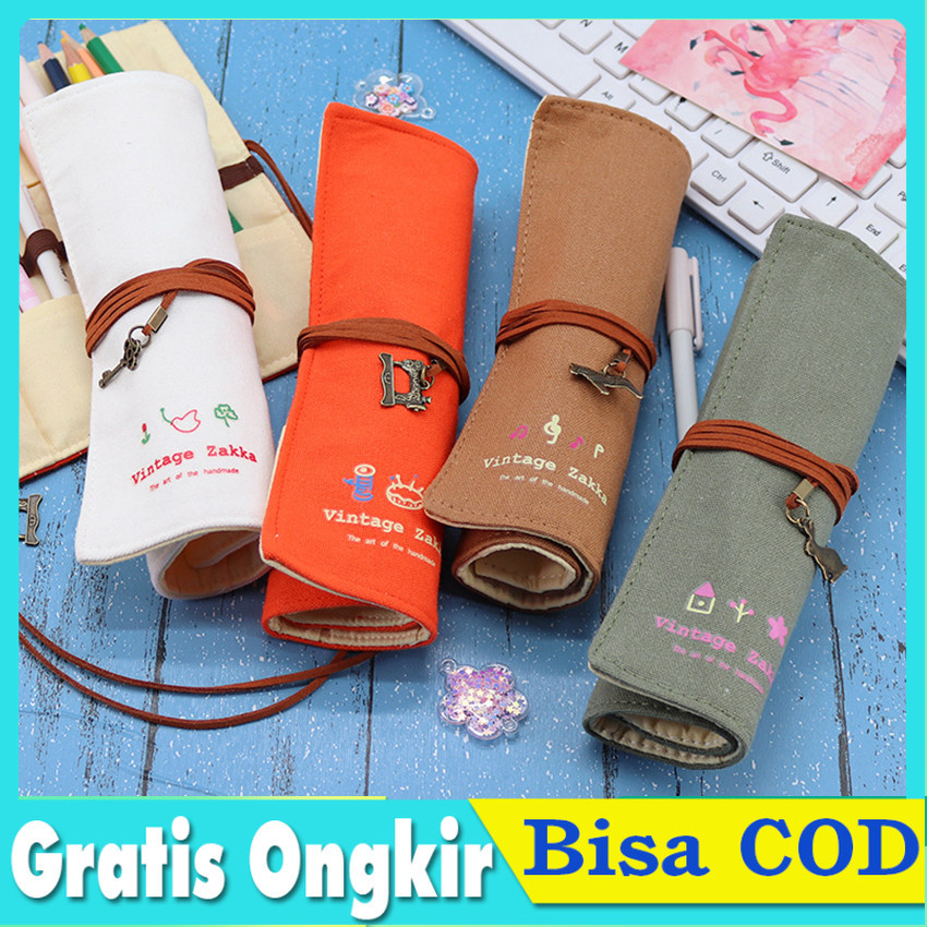 

Pencil Case Roll / Tas Pensil Gulung Bahan Kapas / warna Hijau oranye hijau putih/ Tempat Pensil Warna Gulung Motif Estetik