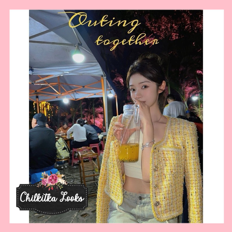 CHILKITKA LOOKS FASHION WANITA IMPORT Tweed Blazer Crop Yellow // Blazer Tweed Kuning Pendek Mewah E
