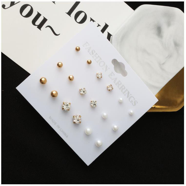 Anting simple BIJI / ANTING SET / ANTING SIMPLE elegant 9 pasang warna silver gold emas korea AS015