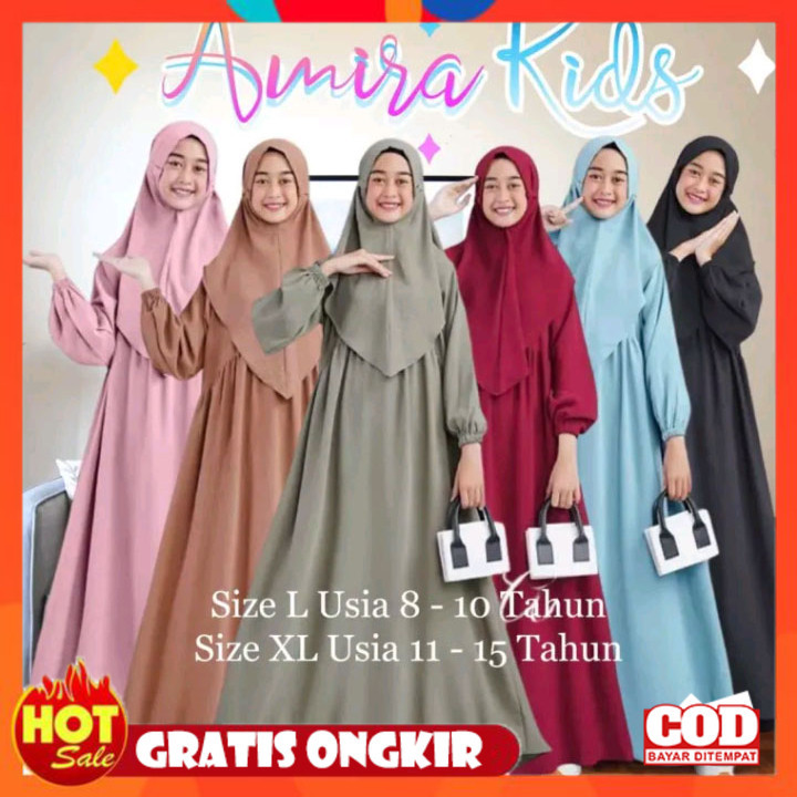 KAIN ADEM HALUS TEBAL / Amira Syari Kids Sage Gamis Anak Perempuan (FREE HIJAB) Usia 11-14 Tahun Cri